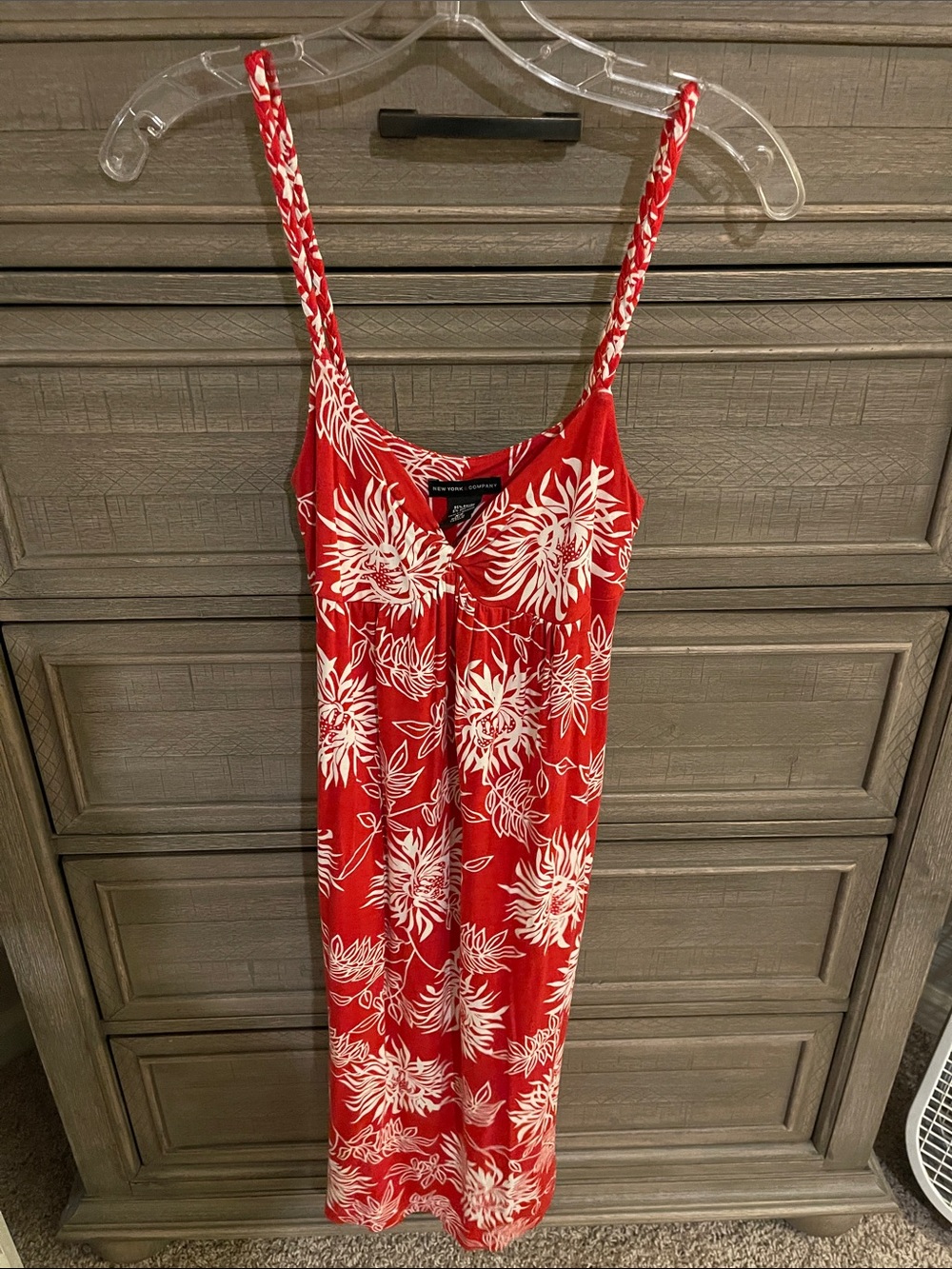 New York & Company Red Floral Sun Dress with White Print